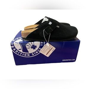 Birkenstock Boston Black Suede Leather Soft Footbed Clog Women Shoe Size 38 / 7